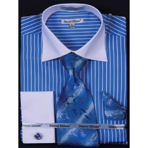 Daniel Ellissa Blue Vertical Stripe Two Tone Shirt / Tie / Hanky Set With Free Cufflinks DS3764P2
